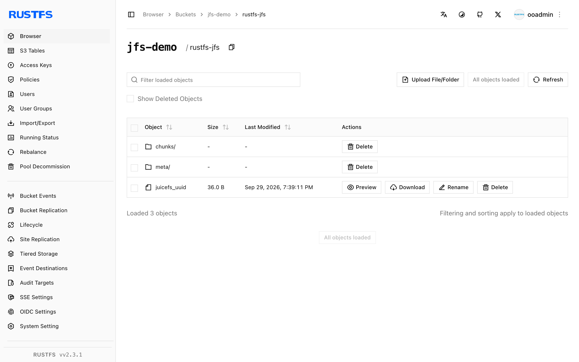 JuiceFS data chunks stored in the RustFS Console