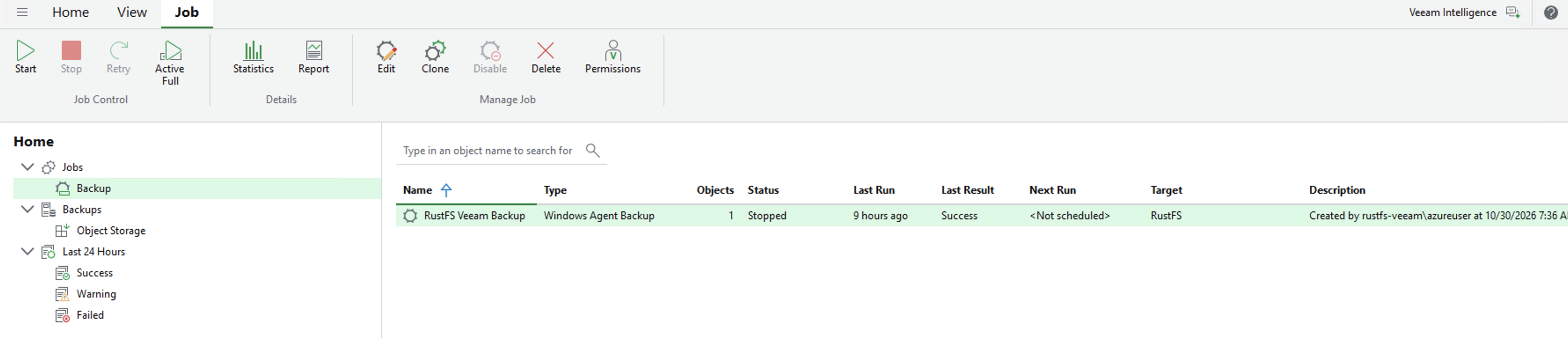 Job success and the restore point listed with repository RustFS
