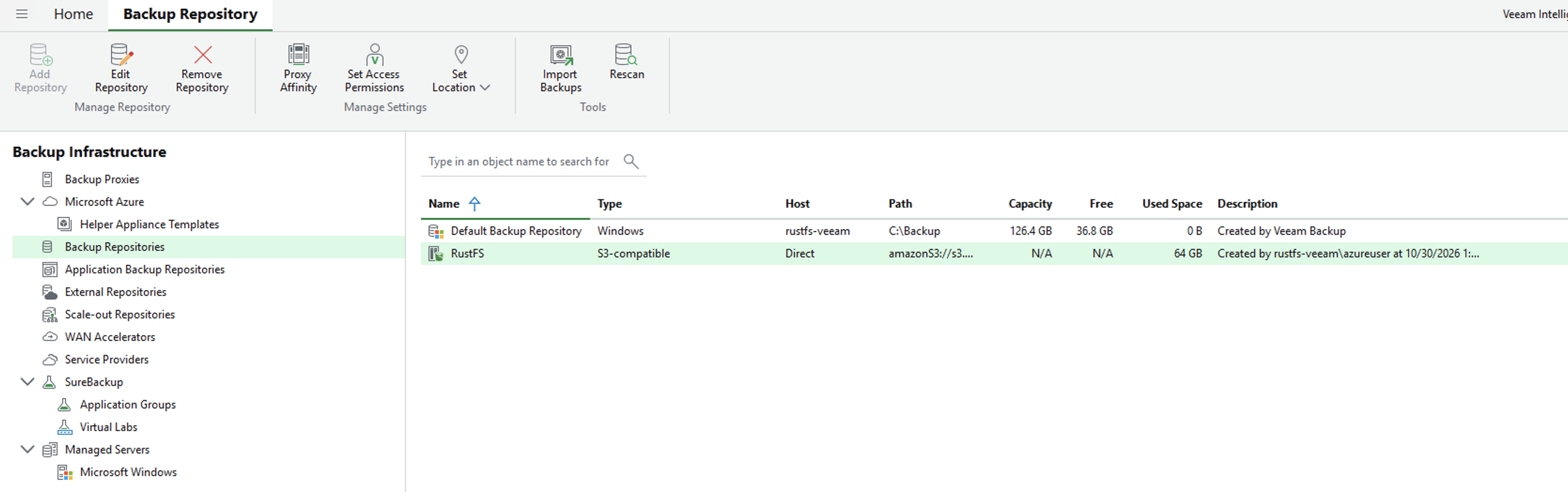 RustFS repository listed under Backup Repositories as S3-compatible