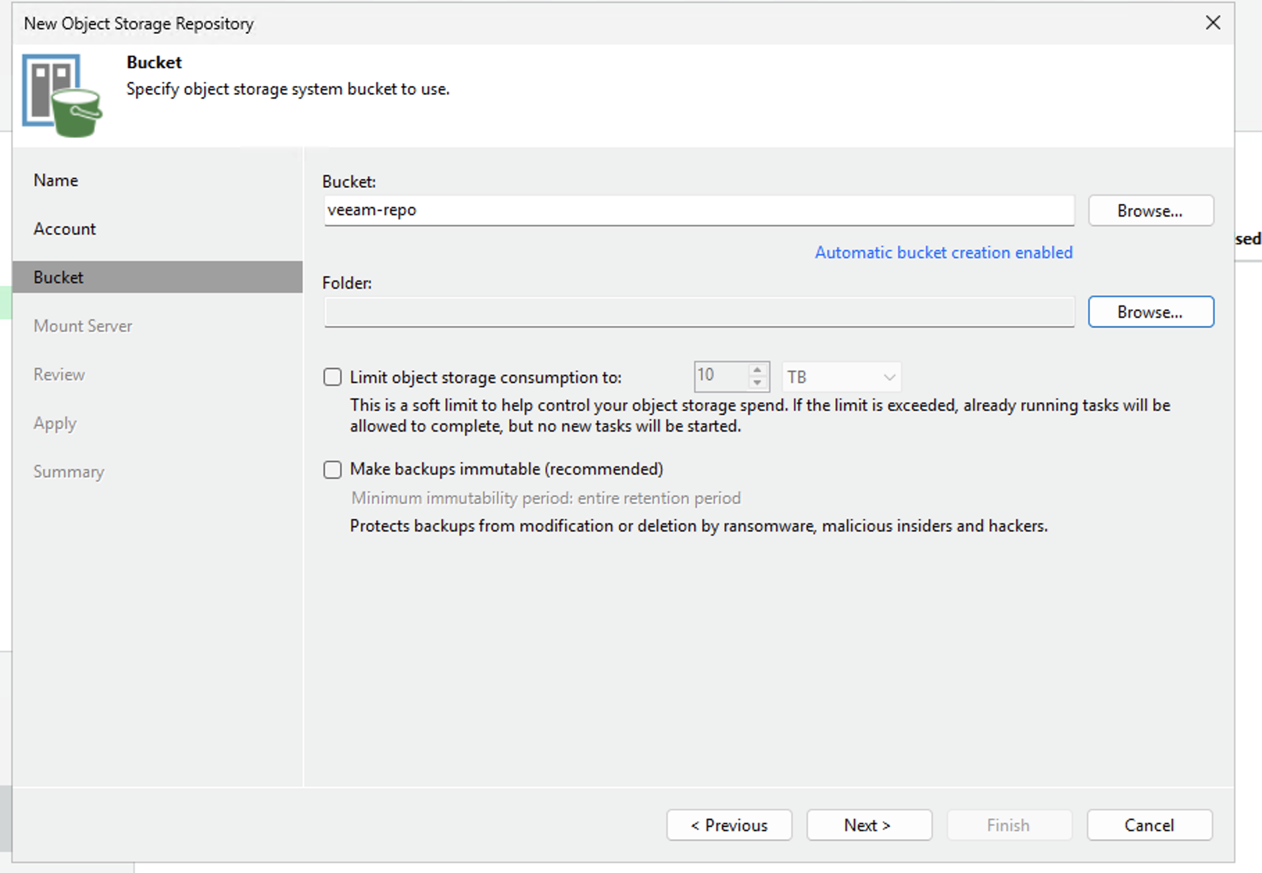Repository wizard: bucket veeam-repo with versioning and Object Lock detected