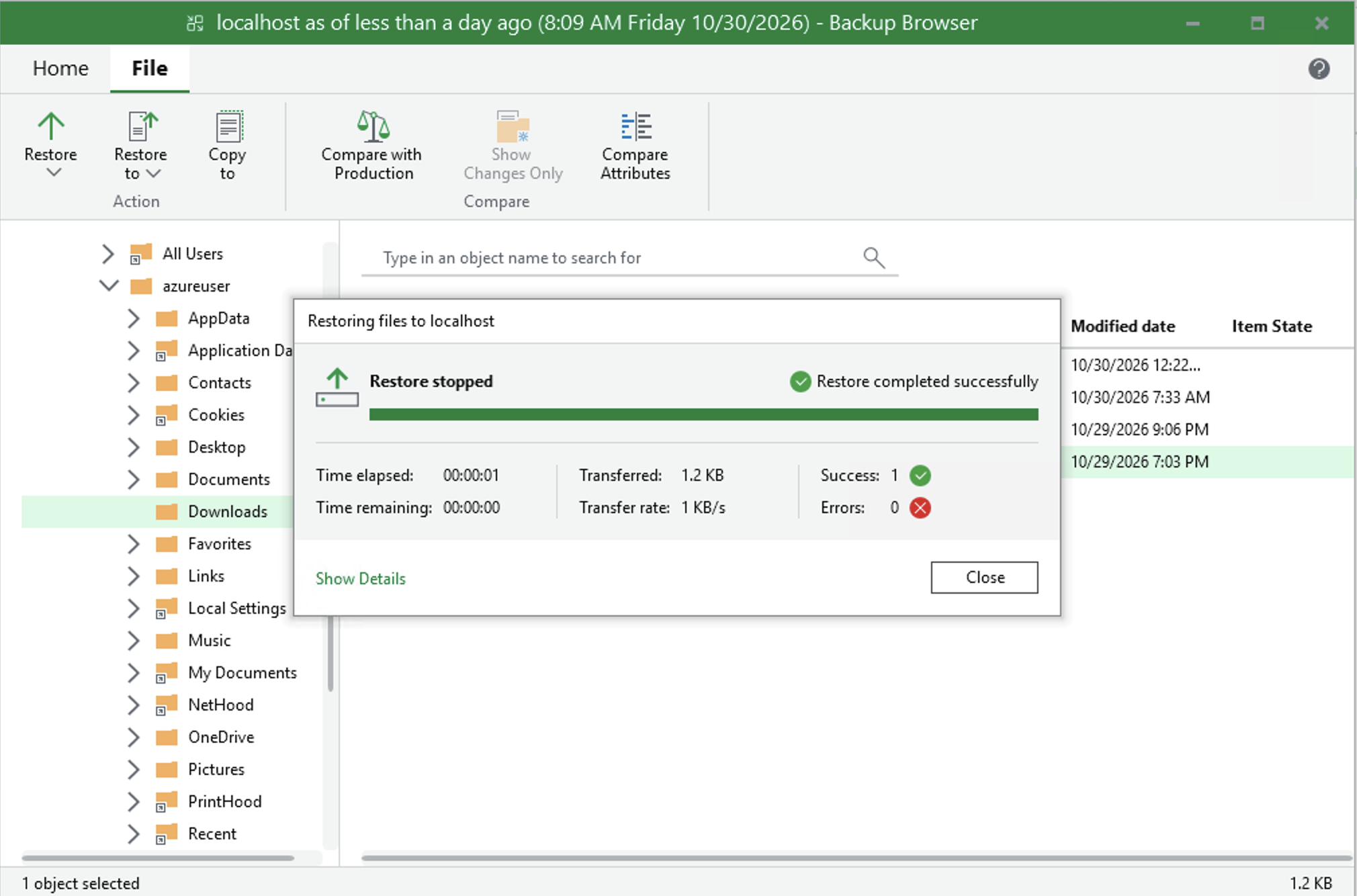 File-level restore from the RustFS-backed backup via the Backup Browser